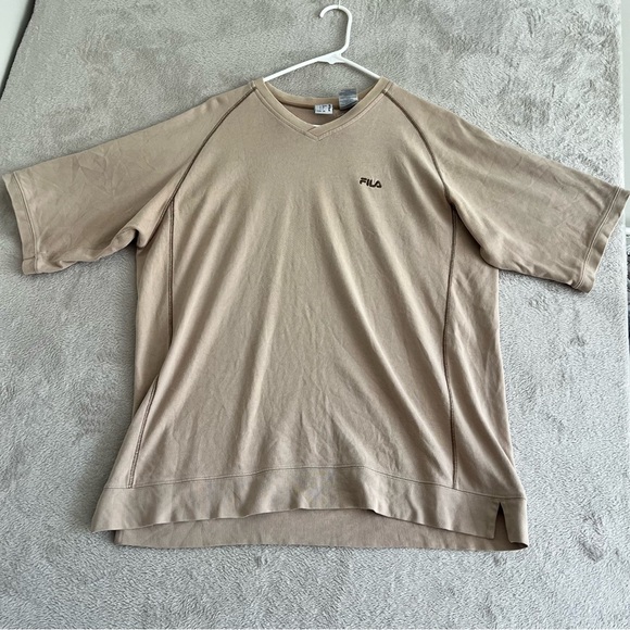 Vintage Fila T-Shirt Mens Large Pullover V Neck Short Sleeve Casual Beige Cotton - Picture 1 of 8